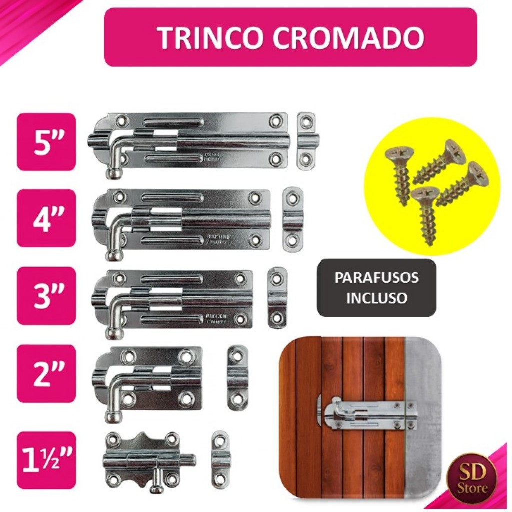 Trinco Ferrolho Cromado Fecho Targeta Tranca Porta Portão Janela com Parafusos Diversos Tamanhos em Oferta na Shopee