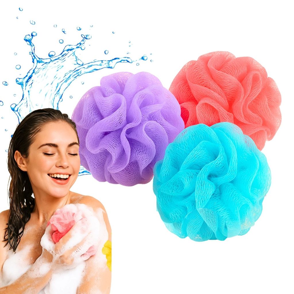 Kit 1/3 Esponjas De Banho Nylon Grande Bucha Esfoliante Toque Macio Suave Com Cordão Cores Sortidas