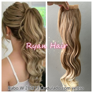 Rabo de cavalo com velcro cor W 28t613 Ondulado loiro com mechas ombre hair loiro clarissimo fibra organico parece human em Oferta na Shopee