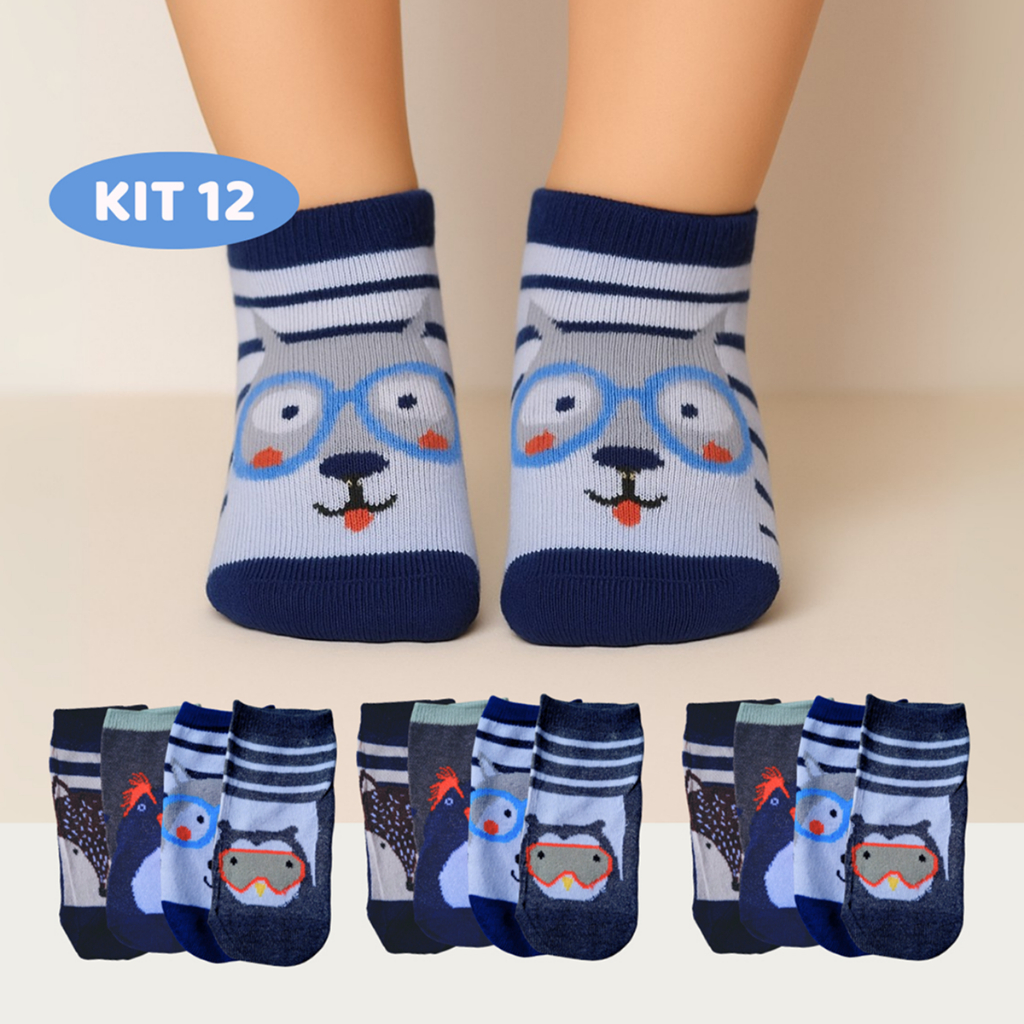 Kit Com 12 Pares Meia de Menino Infantil Masculina Estampa de Bichinhos Sortida