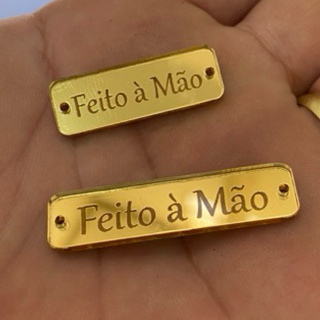 Tag Etiqueta Plaquinha Aplique acrílico espelhado com a frase FEITO À MÃO em Oferta na Shopee