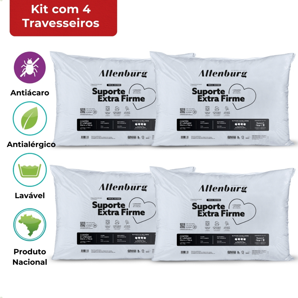 4 Travesseiros Altenburg Suporte Extra Firme Antialérgico Lavável Capa 100% Algodão 180 Fios 50x70cm em Oferta na Shopee
