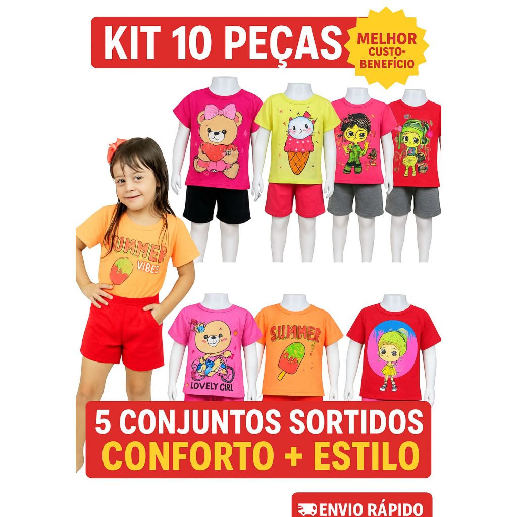 Kit 10 Peças Conjunto Infantil Feminino – 5 Shorts + 5 Blusas | Roupinhas Fresquinhas e Estilosas para Meninas