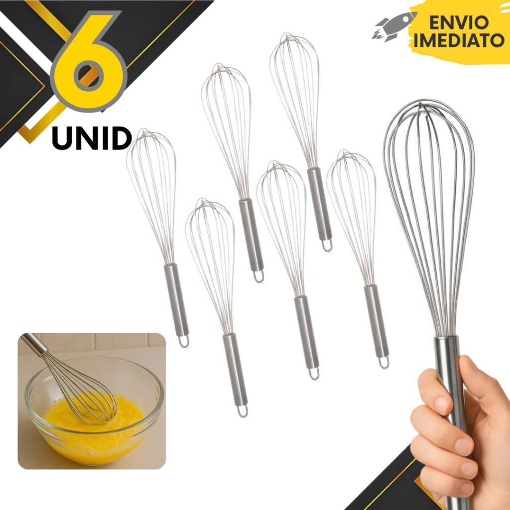 Kit 6,3,2 - Batedor de Ovos, Fouet Massa Bolo Sobremesa Restaurante Casa Cabo Reforçado Confeitaria