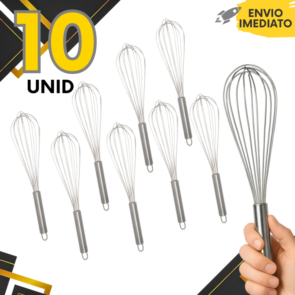 Kit 10,5,2 - Batedor de Ovos, Fouet Massa Bolo Sobremesa Restaurante Casa Cabo Reforçado Confeitaria