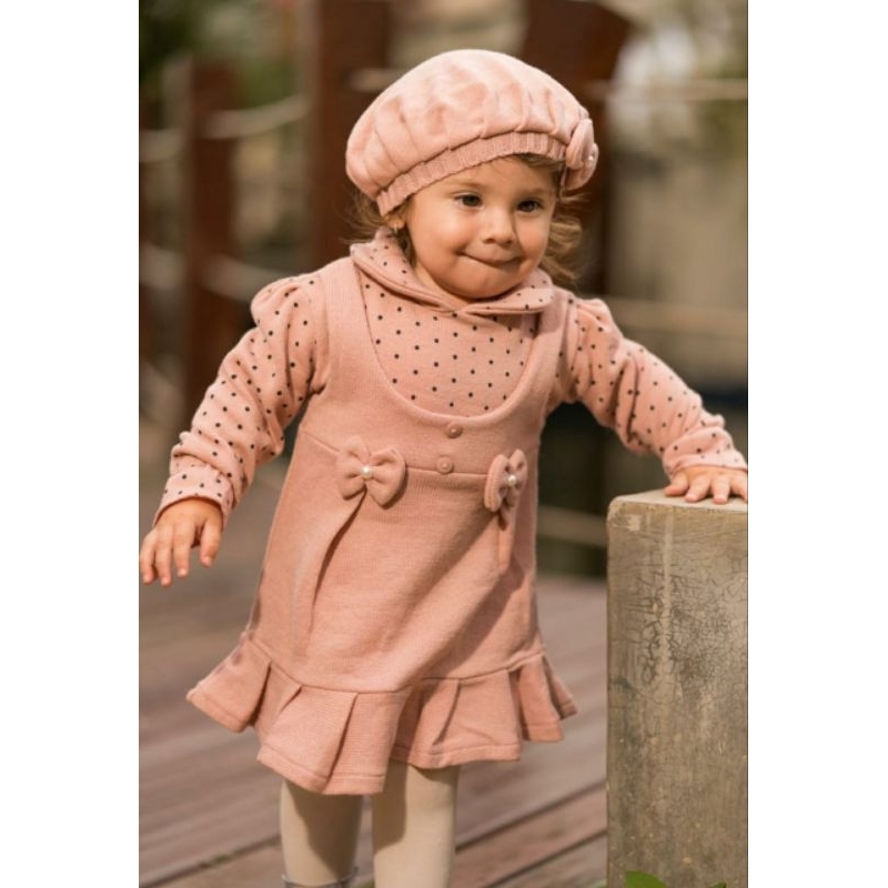 Vestido Infantil Agasalho e Boina Tricot Manga Longa Bolinhas
