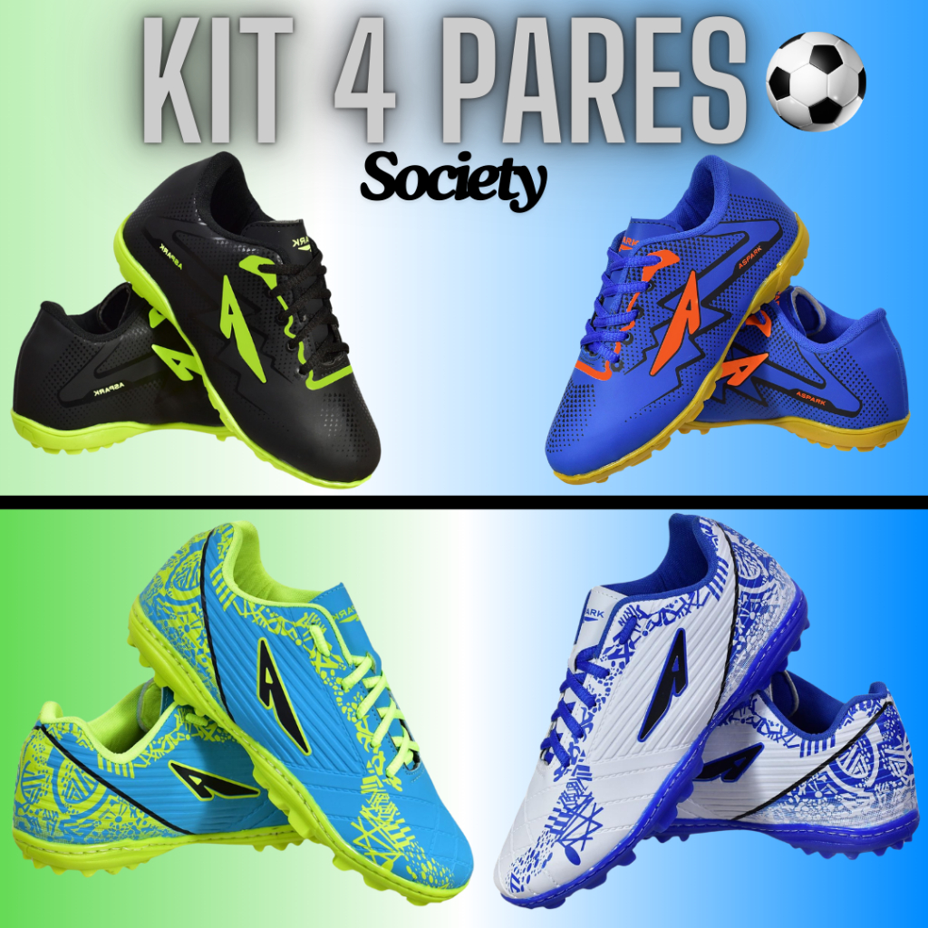 Kit 4 Pares Chuteira Infantil+Adulto Society Futebol Campo gramad Macio Confortavel Leve Atiderrapante Promoção Desconto