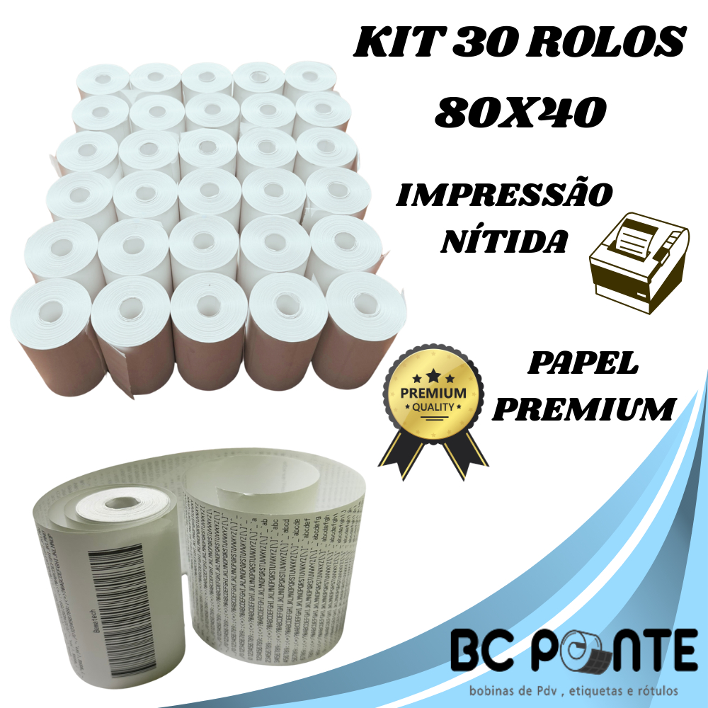 Imagem Bobina Térmica 80x40 Cupom Fiscal branca com 30 unidades PDV p/ impressora