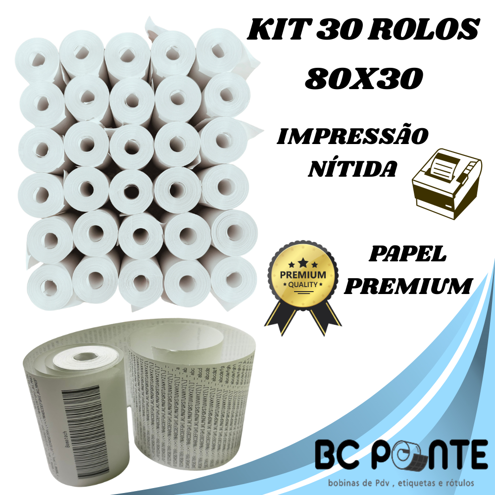Bobina Térmica de 30 metros 80x30 Cupom Fiscal branca com 30 unidades PDV p/ impressora 80mm em Oferta na Shopee