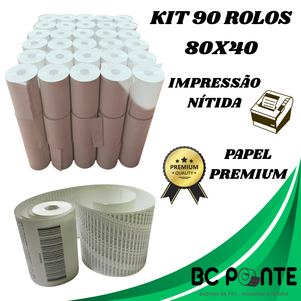 Bobina Térmica de 40 metros 80x40 Cupom Fiscal branca com 90 unidades PDV p/ impressora 80mm