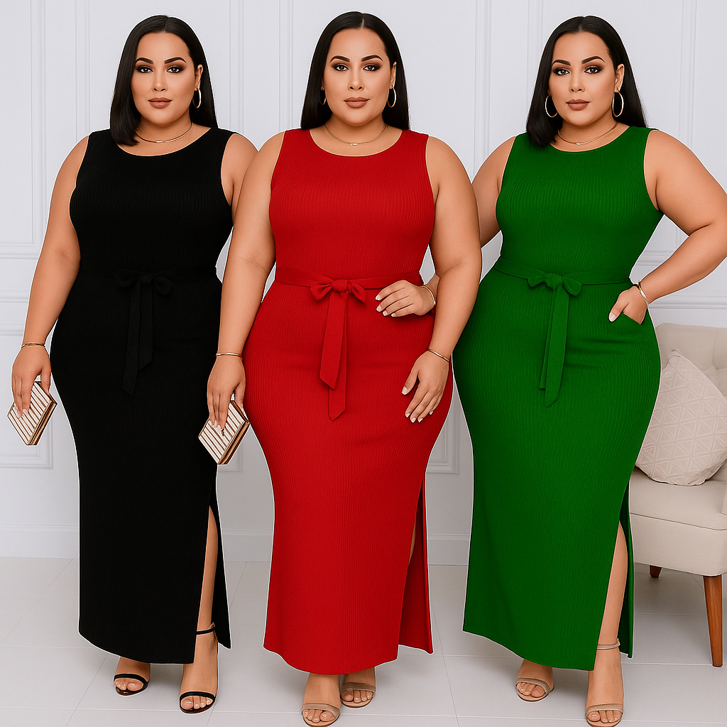 Vestido Plus Size Elegante Chique Regata Canelado e Poliéster Laço para Amarração e Fenda Lateral