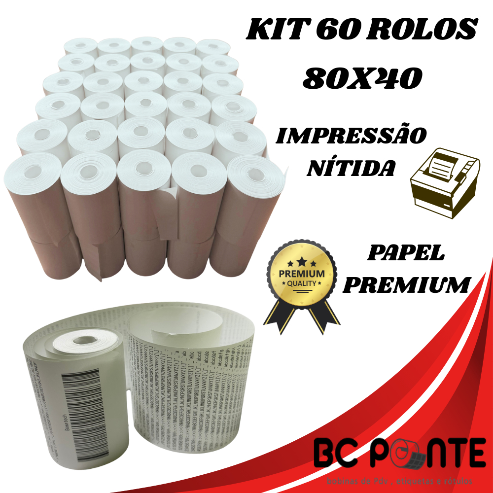 Bobina Térmica de 40 metros 80x40 Cupom Fiscal branca com 60 unidades PDV p/ impressora 80mm em Oferta na Shopee