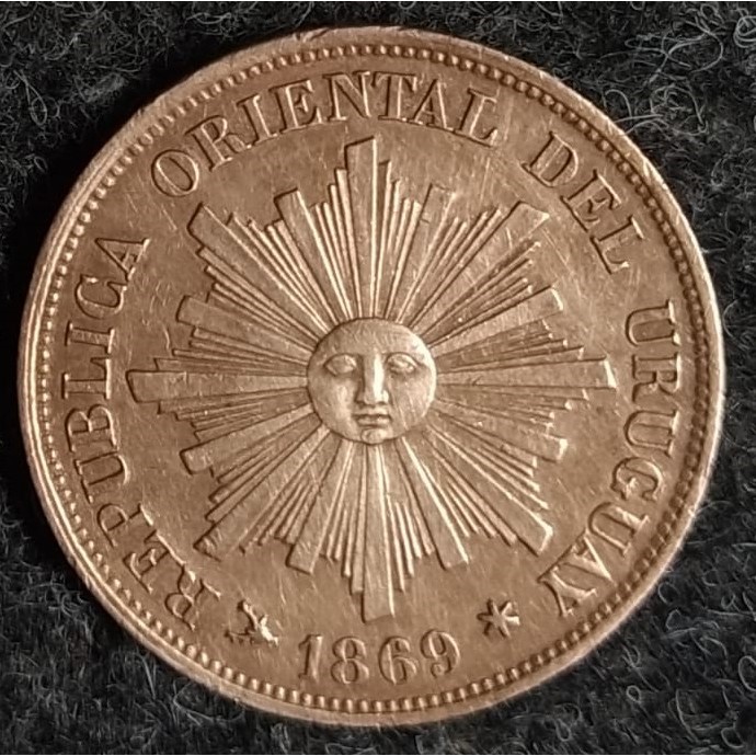 JR-660H Uruguai 1 Centésimo 1869 (Bronze) Cunhagem "H" Birmingham (Raridade Incomum) Período Peso Uruguaio 1862-1974