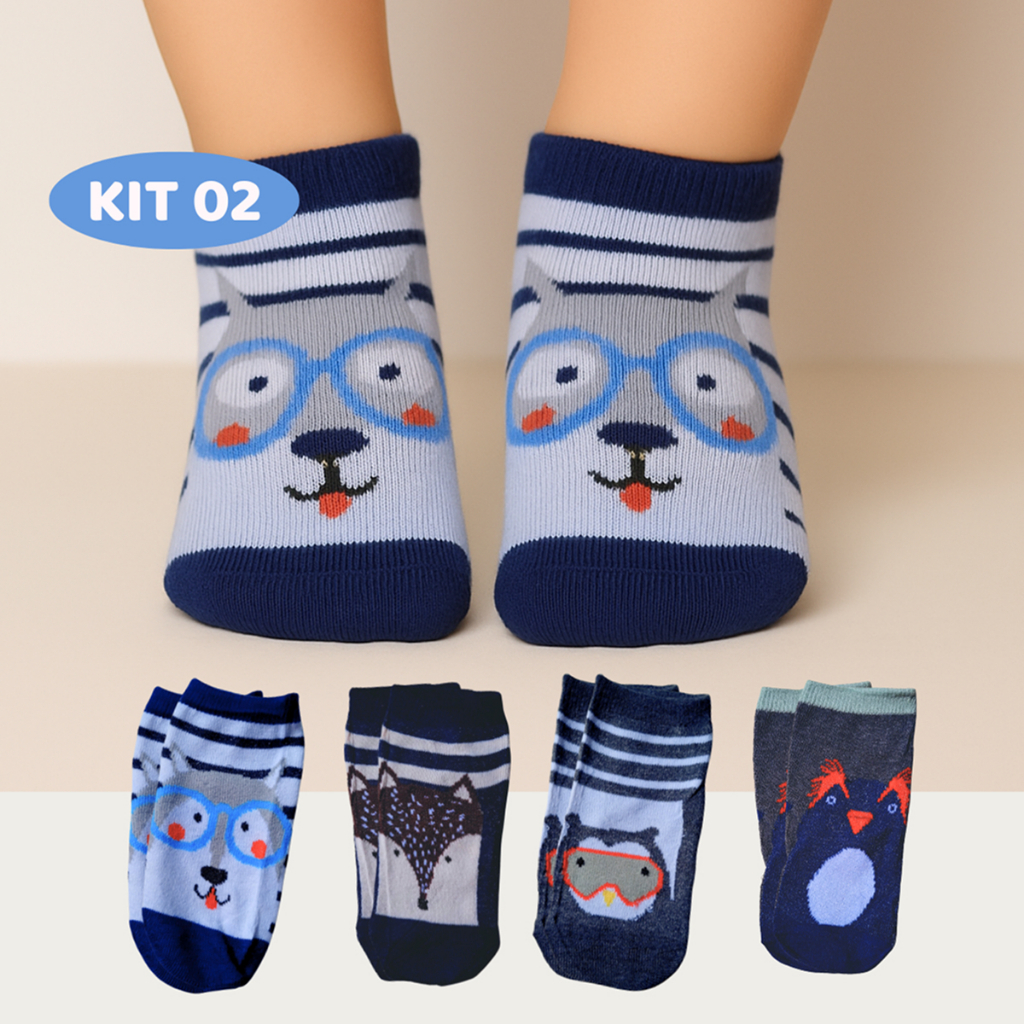 Kit 02 Pares Meia de Menino Infantil Masculina Estampa de Bichinhos Sortida