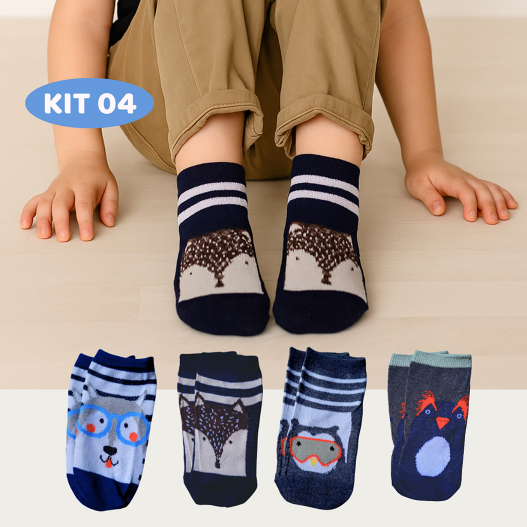 Kit 04 Pares Meia de Menino Infantil Masculina Estampa de Bichinhos Sortida