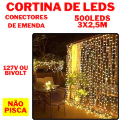 Cortina Amarela 500 Leds 3X2,5M Fixa Uso Externo Bivolt/127v Conectores Emenda Eventos Festa