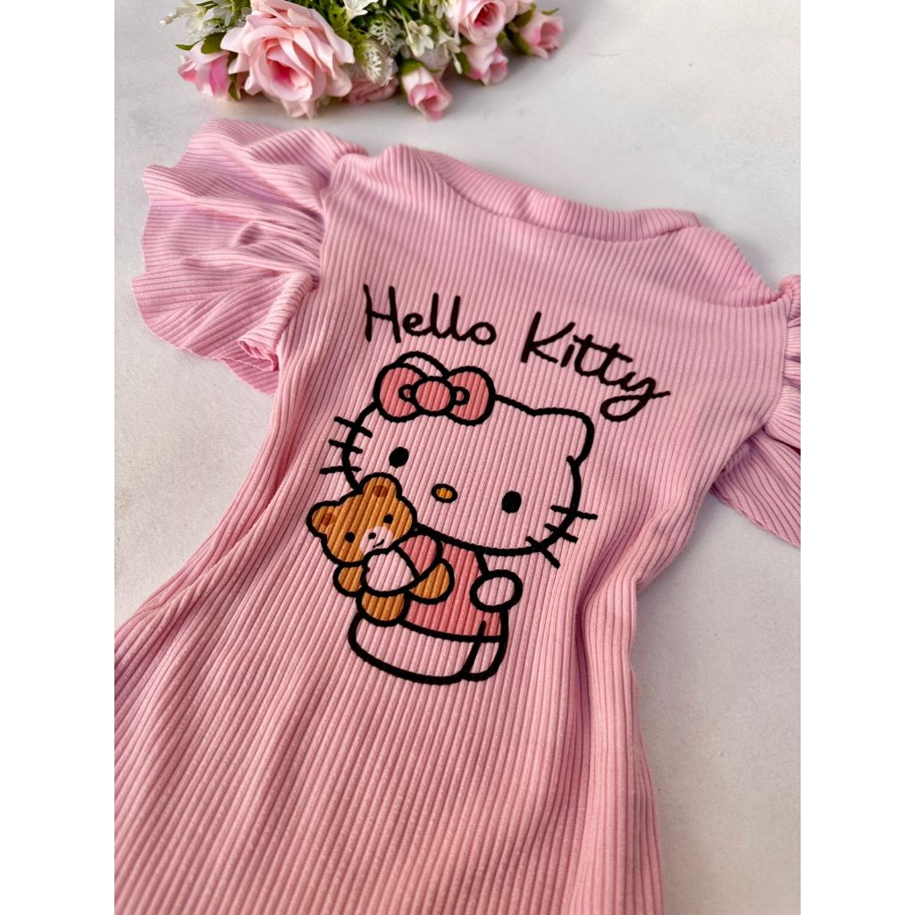 Blusa Blusinha Cropped Infantil Feminino Tendencia Verão Canelado Hello kitty Manga Curta Babado do 1 ao 8