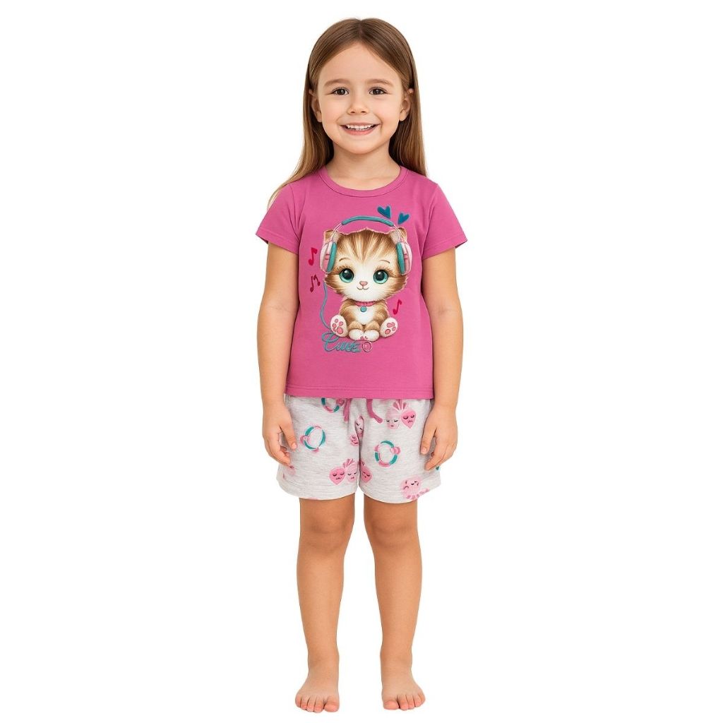 Pijama Infantil e Juvenil Menina Verão Blusa e Short Meia Malha Estampado de Gatinha Kyly 1001146