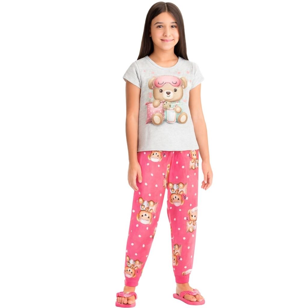 Pijama Infantil e Juvenil Menina Blusa Manga Curta Ursinho e Calça Estampada Kyly 1001147