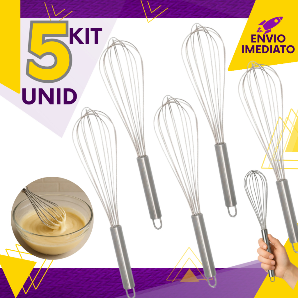 Kit 5, 4, 3 ou 2 un - Batedor De Ovos Fouet P/Massa Bolo Creme Sobremesa Cabo Reforçado Confeitaria