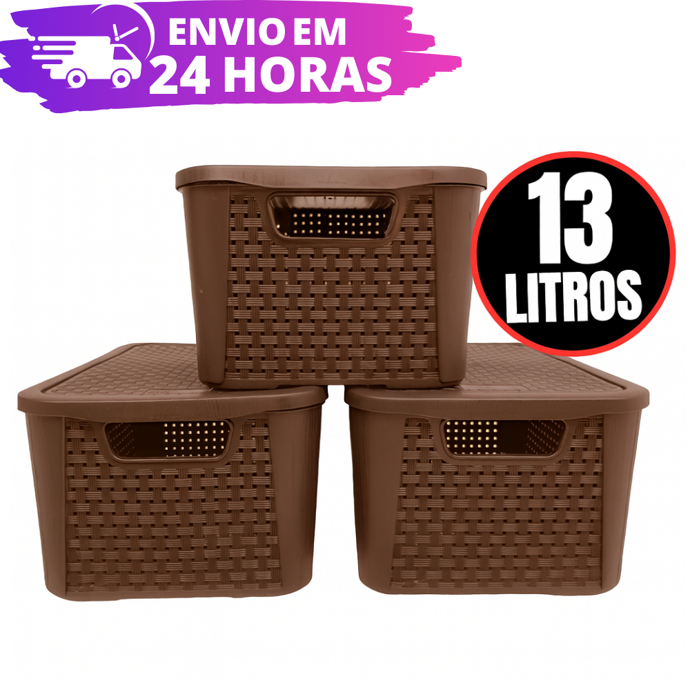 Kit 3 Caixas Organizadora Rattan REFORÇADA 13 LITROS - MARROM em Oferta na Shopee