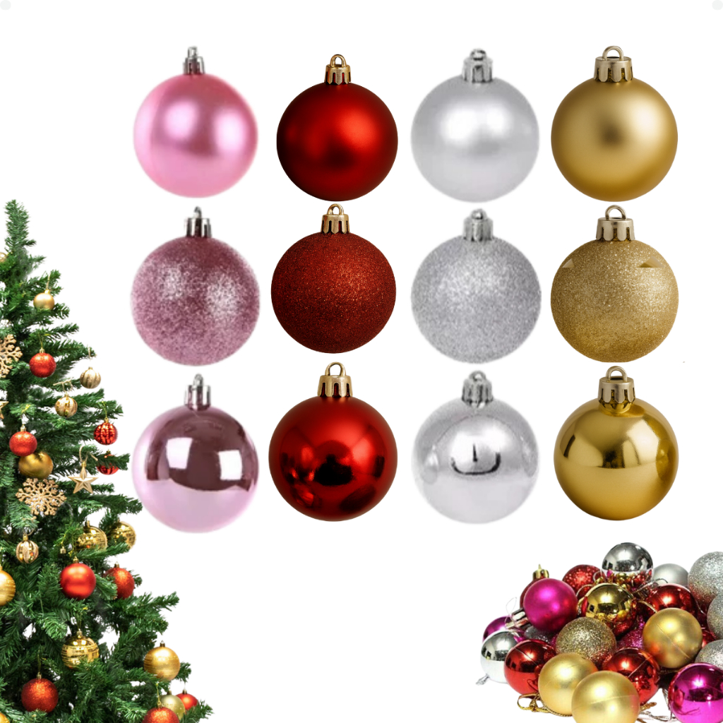 Kit Bolinhas Enfeite de Árvore De Natal 3/4/5/6/7/8cm Mista Lisa Fosca Glitter Decoração N...