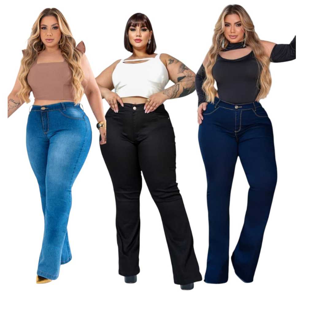 KIT 3 CALÇAS JEANS FLARE PLUS SIZE COM LYCRA FEMININA CINTURA ALTA VESTE ATE 56 TENDENCIA MODA PRIMAVERA TRABALHO em Oferta na Shopee