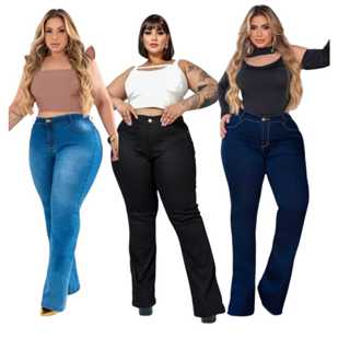 KIT 3 CALÇAS JEANS FLARE PLUS SIZE COM LYCRA FEMININA CINTURA ALTA VESTE ATE 56 TENDENCIA MODA PRIMAVERA TRABALHO em Oferta na Shopee