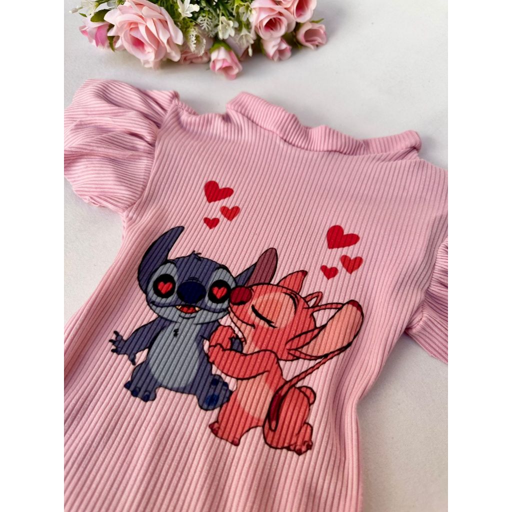 Camiseta Menina Cropped Feminino Blusinha Manga Curta Blusa Babado Canelada Stitch e Angel