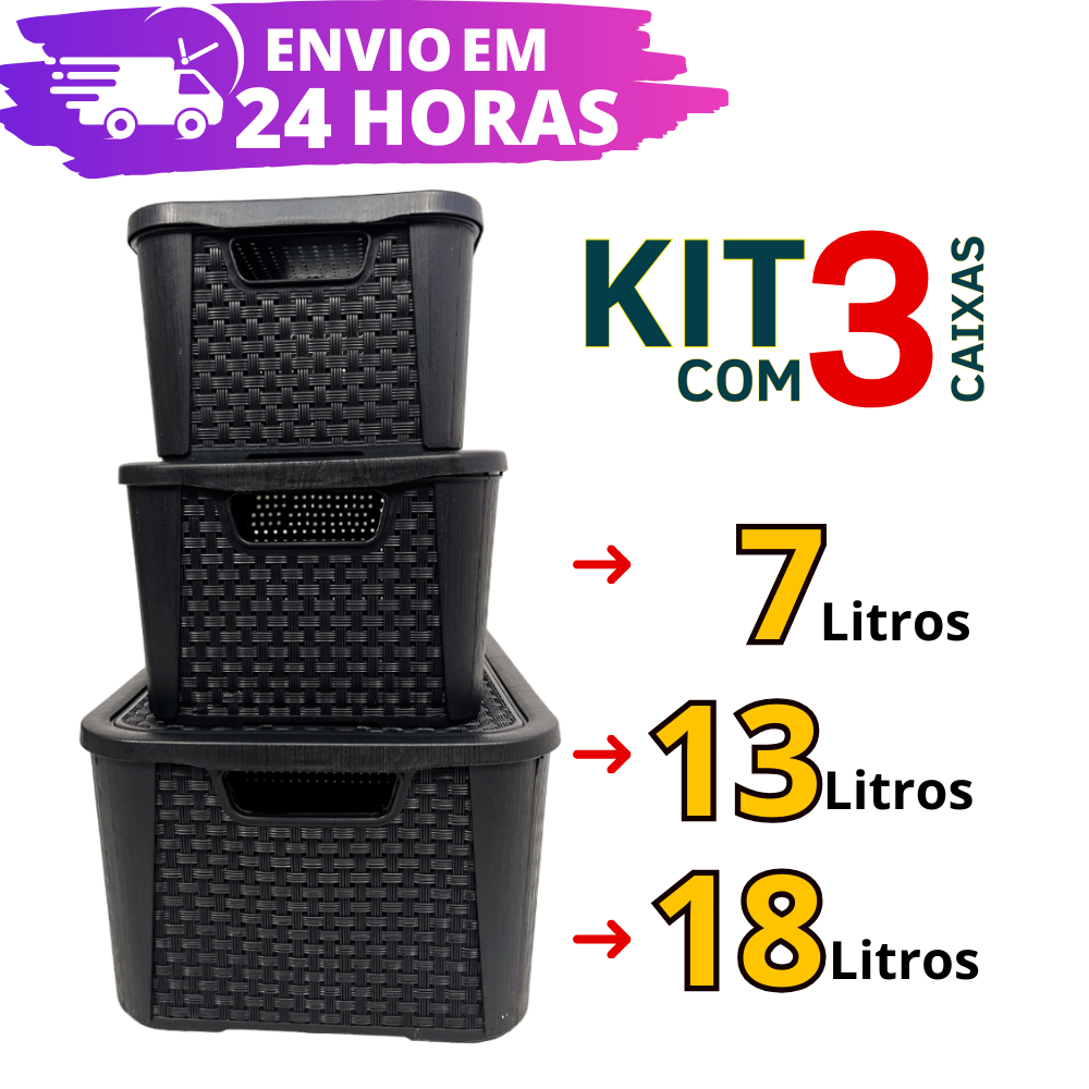Kit 3 Caixas Organizadora Rattan REFORÇADA - 7L, 13L E 18L em Oferta na Shopee