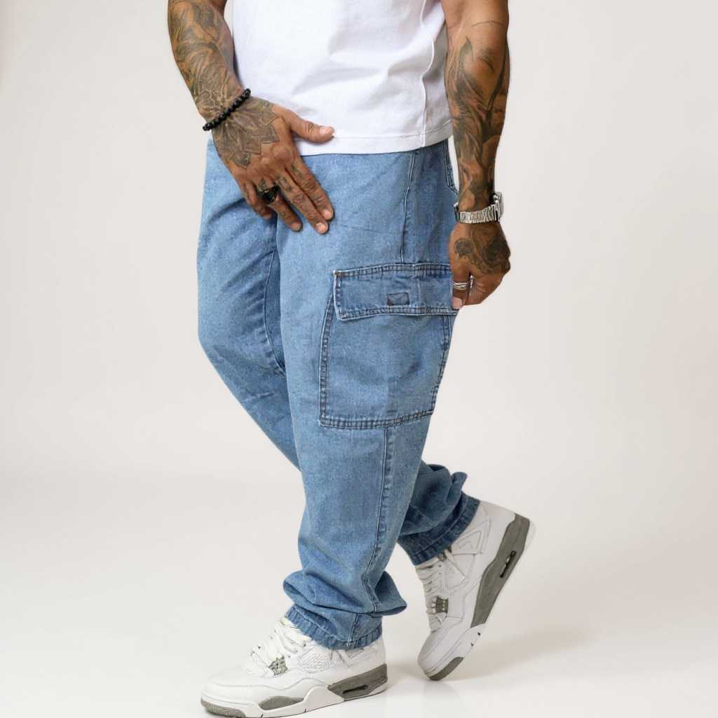 Calça Cargo Masculina Jeans Confortável Sarja