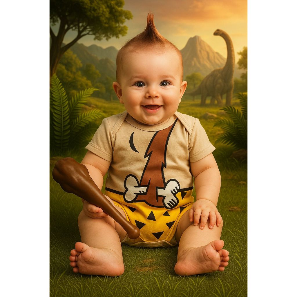 Body temático bebê Bambam Body dos Flintstones Body do Fred flintstones Fantasia para bebê Body de desenho animado