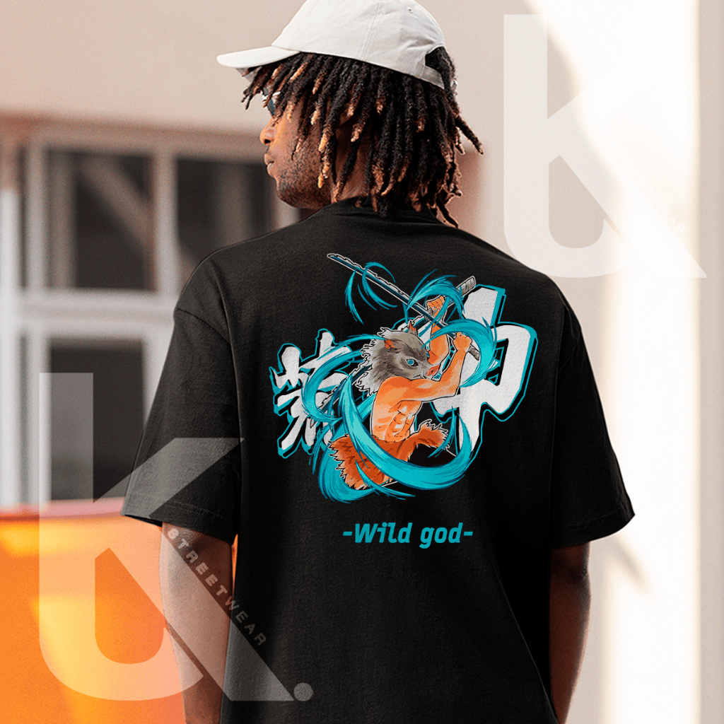 Camiseta Oversized Streetwear Anime Mangá Inosuke Wild God Demon Slayer Kimetsu Musculação Fitness Casual Confortável