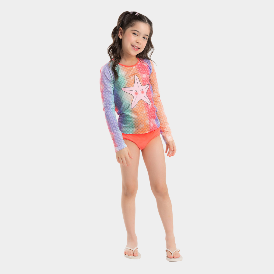 Conjunto Biquíni Infantil Menina Rosa Blusa Manga Longa e Calcinha Estrela Fofa do Mar