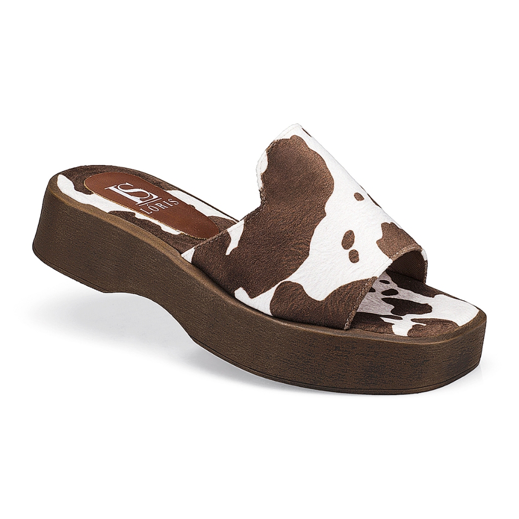 Sandalia Feminina Lóris Tamanco Salto Plataforma Anabela Animal Print Vaca 14171 em Oferta na Shopee