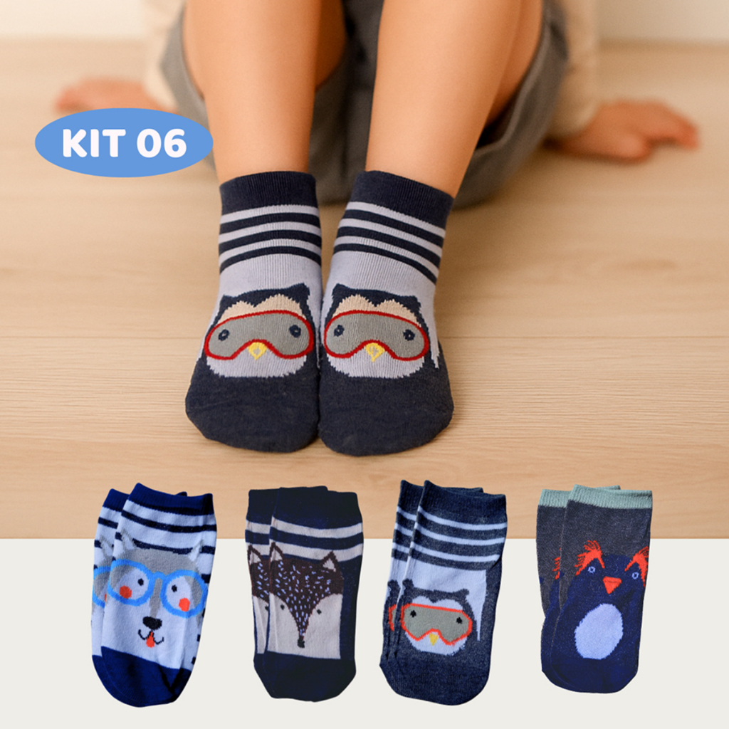 Kit 06 Pares Meia de Menino Infantil Masculina Estampa de Bichinhos Sortida