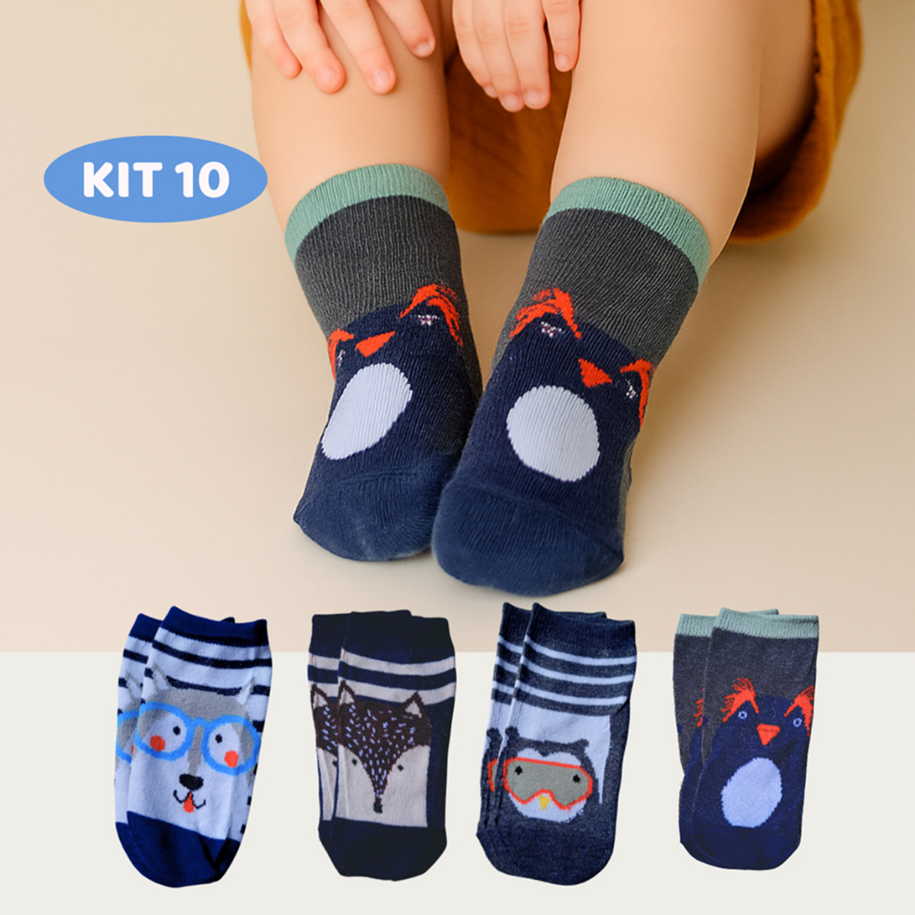 Kit 10 Pares Meia de Menino Infantil Masculina Estampa de Bichinhos Sortida