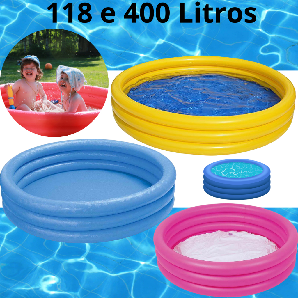 Piscina Infantil Inflável 118 e 400 Litros Colorida Praia Verão 3 Anéis Água Várias Cores em Oferta na Shopee