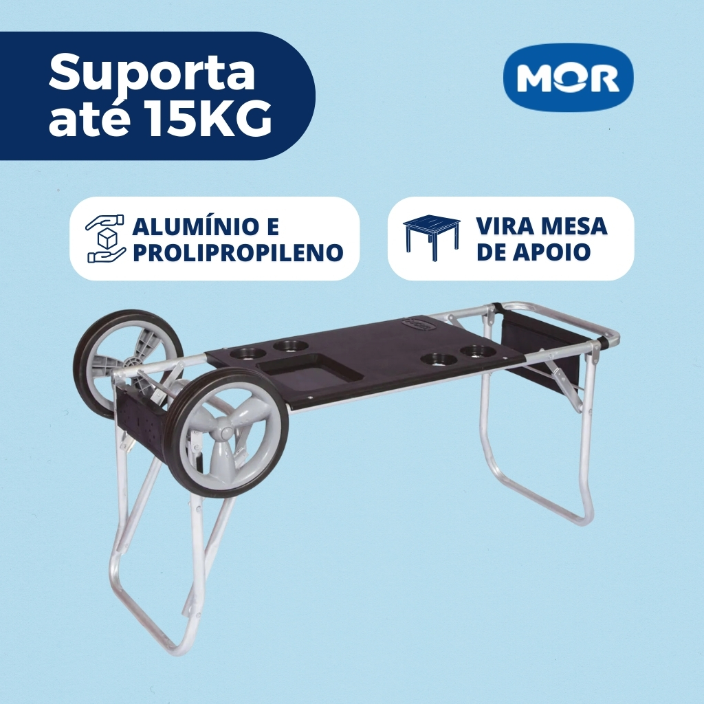 Carrinho de Praia Mor Preto Vira Mesa Com Avanço Para Caixa Térmica Cooler Promoção