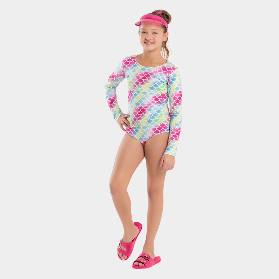Maiô Biquíni Infantil Menina Pink Com Mangas e Amarração nas Costas Sereia
