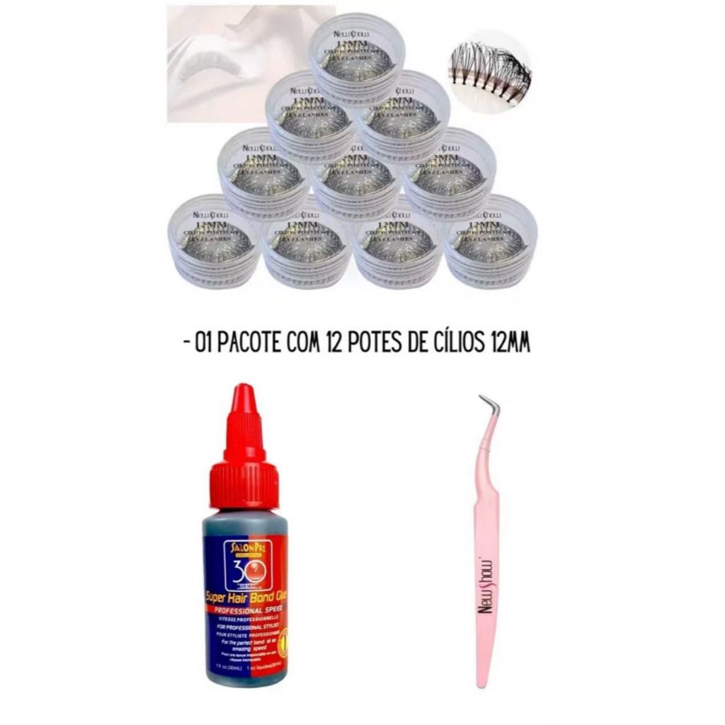 New Show KIT 12Peças Cílios Para Alongamento+1 Pinça Extensão De Cílios +1 Super Cola Salon Pro 30ml em Oferta na Shopee