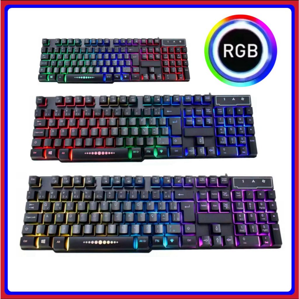 Teclado Gamer Semi Mecânico com Fio USB Preto Led RGB Abnt2 Qwerty Português Rainbow Ergonômico