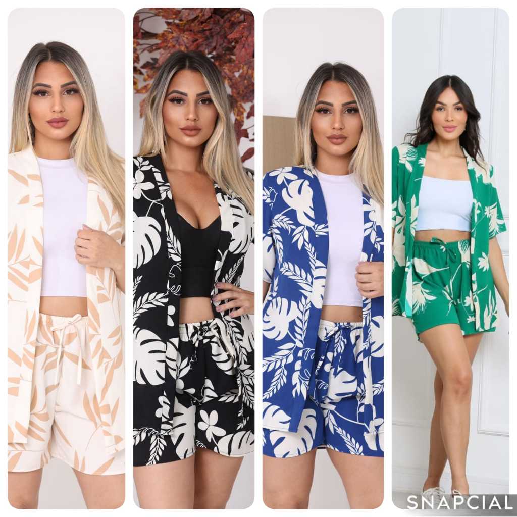 Conjunto Feminino De Verão Kimono E Short Com Estampas Variadas