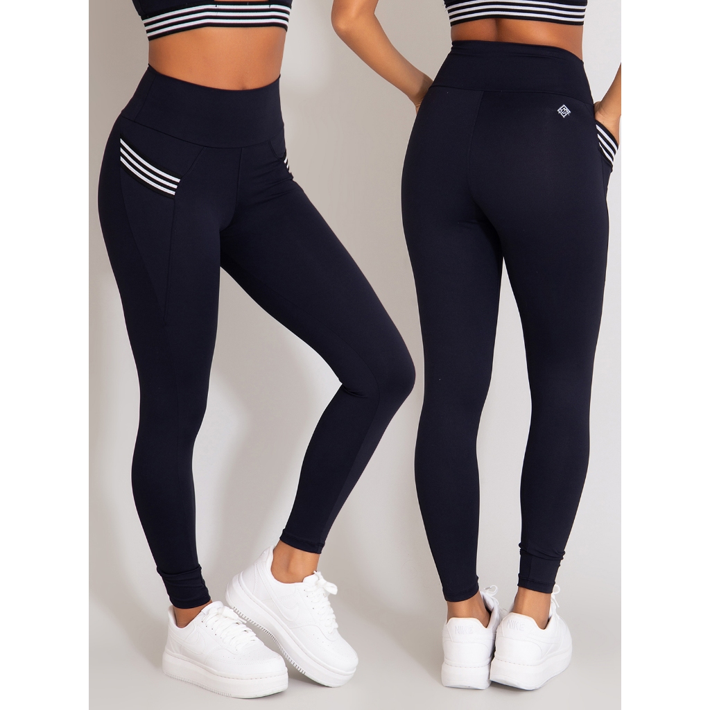 Calça Legging Feminina Poliamida Geladinha Cintura Alta Bolsos Erika em Oferta na Shopee