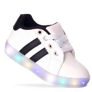 Tênis Led Infantil Unisex Branco Preto  com Led Luz Colorida Moda Casual Branco com Listras Preto Macio e Confortavel em Oferta na Shopee