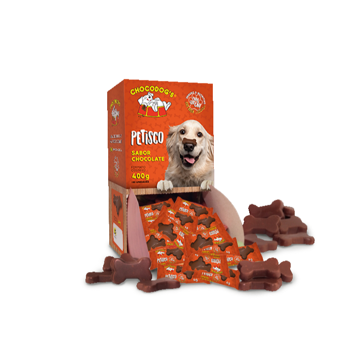 Petisco sabor chocolate com Alfarroba pra cachorro; Formato: ossinho;  Display 400g; Sobremesa; Não tóxico