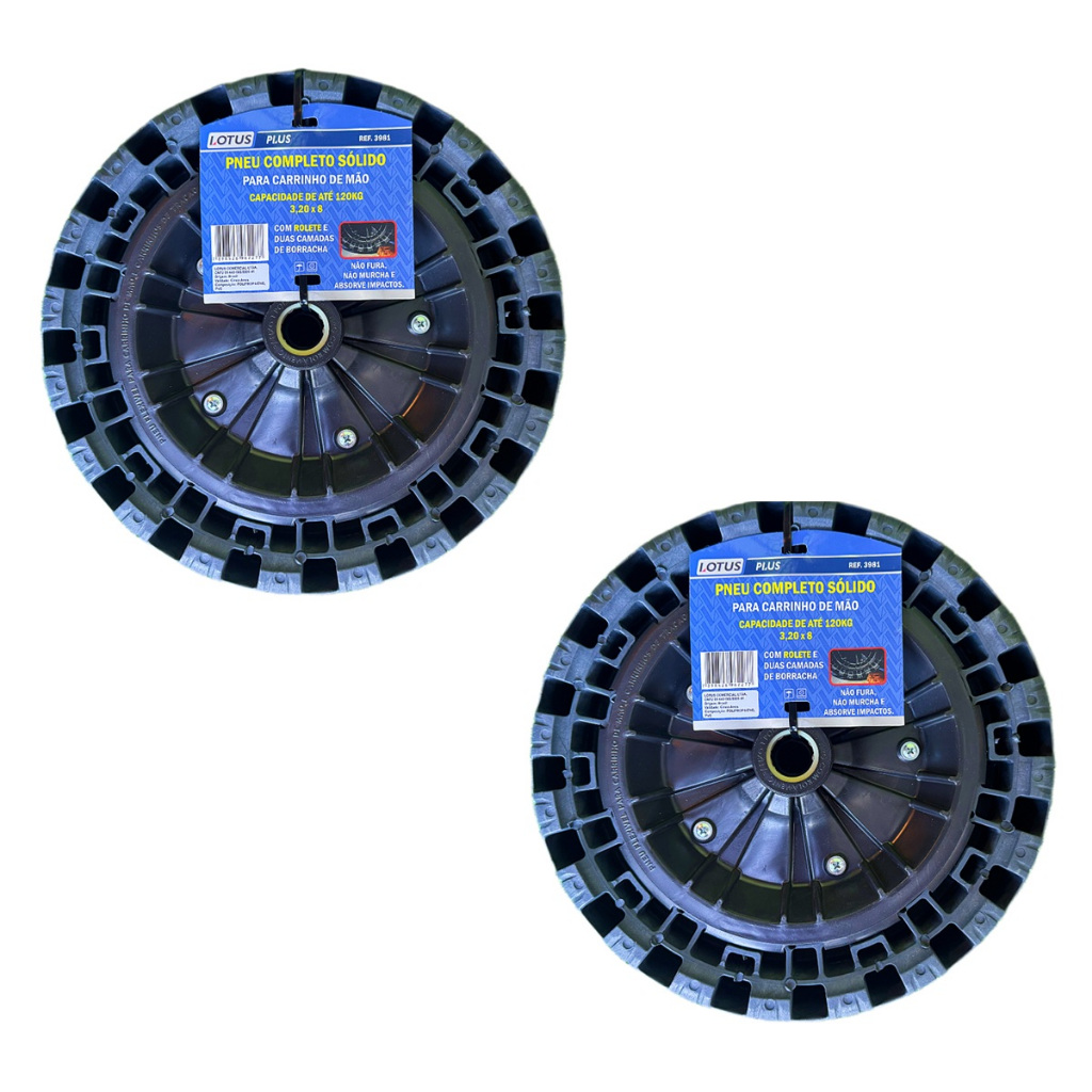 kit 2 Pneus Completo Sólido 3,20x8 C/ Rolete Para Carrinho de Mão