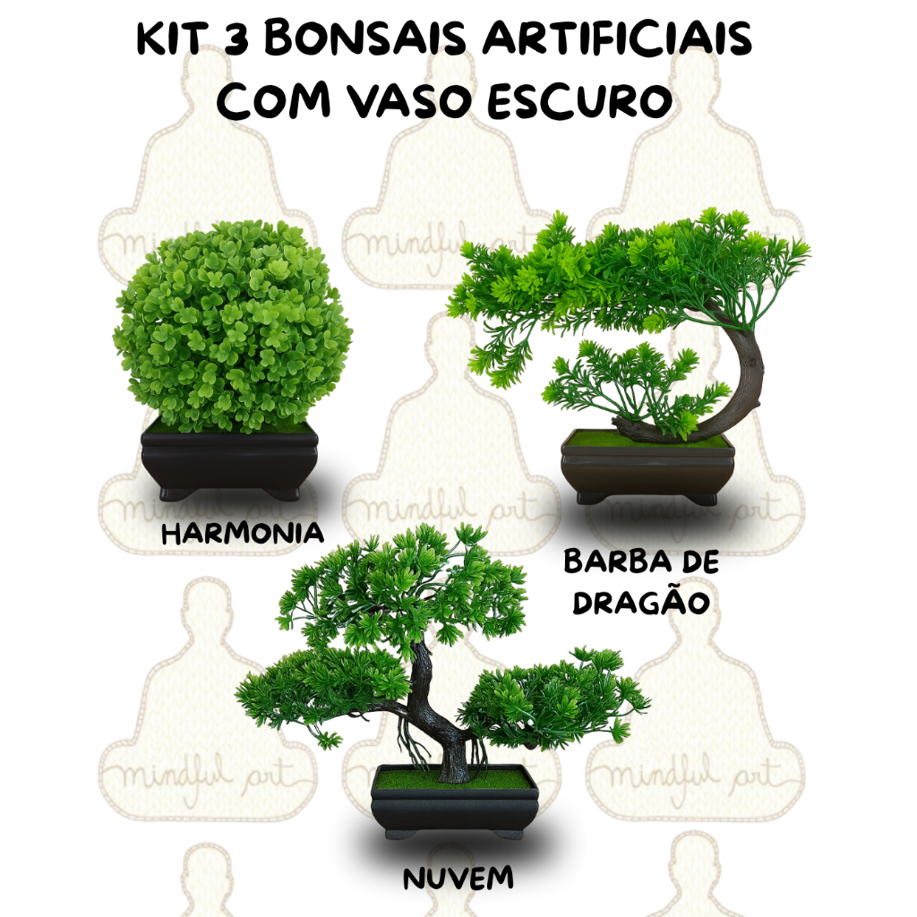Kit 3 Plantas Bonsais Artificiais – Charme Oriental Realismo Natural Beleza sem Cuidados Vaso Escuro