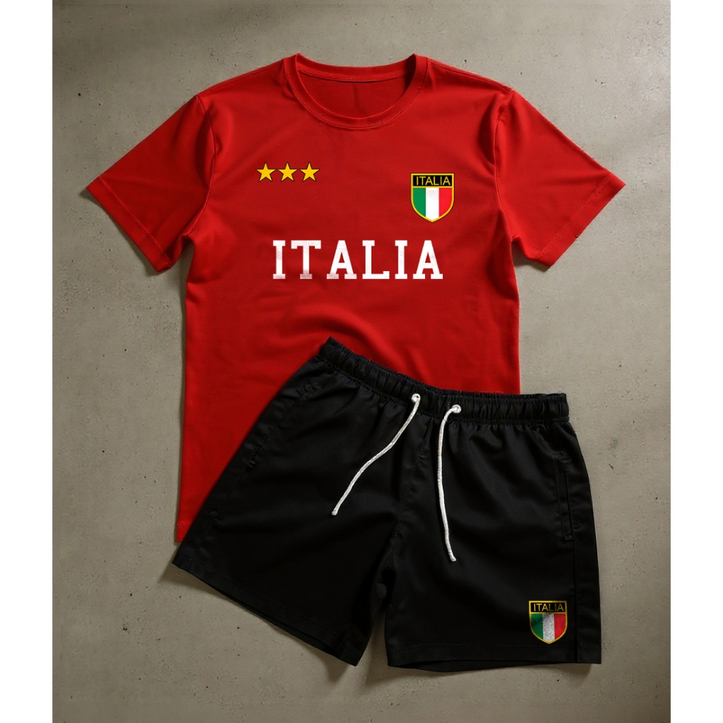Conjunto Kit Masculino Italia Bermuda Tactel + Camiseta Algodão Street Futebol e Conforto