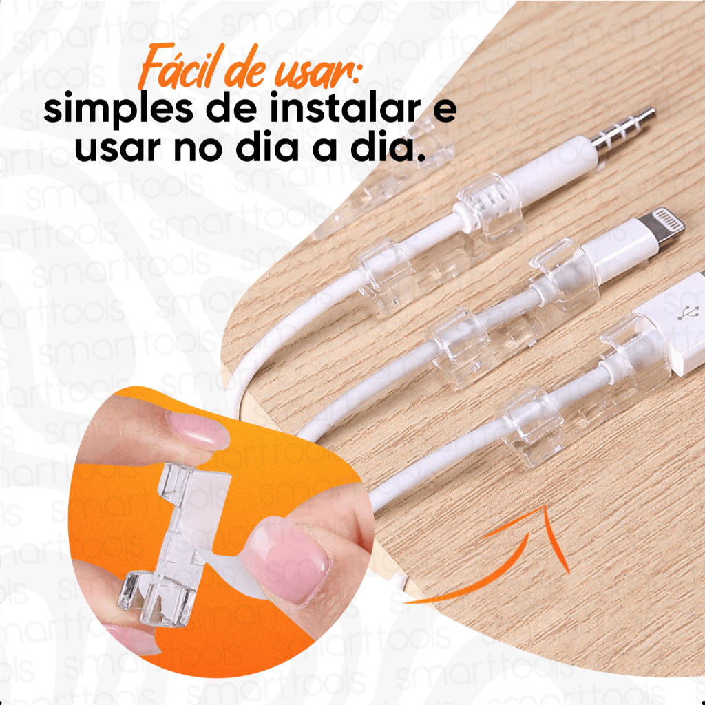 KIT 20 40 60 80 ou 100 Clips Fixador Organizador de Fios e Cabos Autoadesivo Esconde Mesas Paredes
